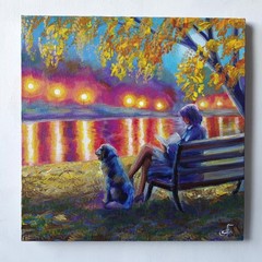 Original Acrylic Landscape Painting Lake Impressionist Woman Dog Wall Art Decor