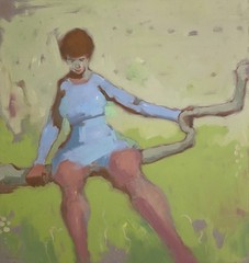 Woman in Blue Seating on Branch Original Oil Painting 32×34 by Aldo Cherres Art
