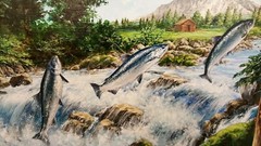 Salmon jumping cabin in the woods painting by Anton Kimball 12×16 original