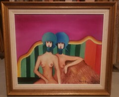 VIKTOR HROMIN 20th CENTURY NUDE LADIES WEAR HATS ORIGINAL OIL PAINTING SIGNED 84