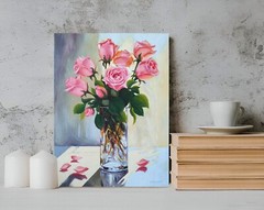 Pink roses bouquet in a glass vase, hand painted small painting, gift idea