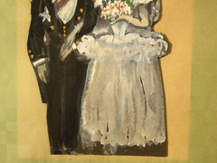 Unique whimsical vintage cut out gouache painting of Edwardian married couple