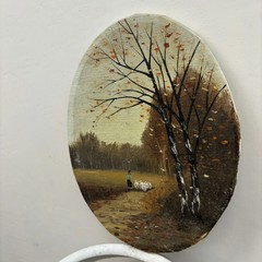 Elegant Landscape Oil Painting „Grazing Sheep“ Detailed Small Art