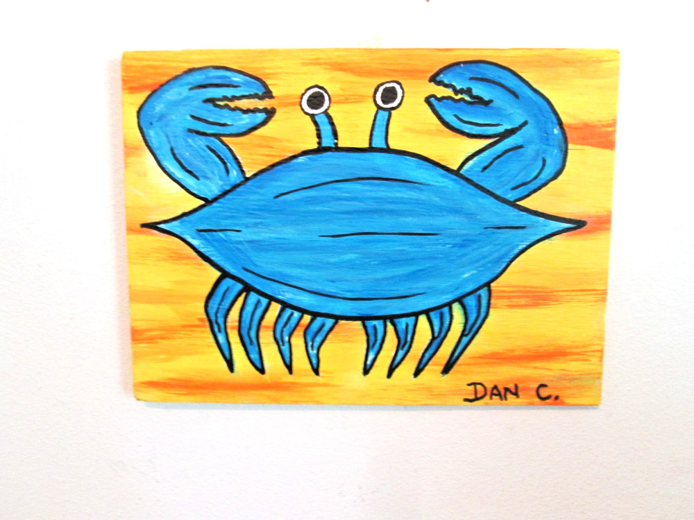 Outsider folk Art Original Painting on wood Seafood Maryland Blue Crab Dan C