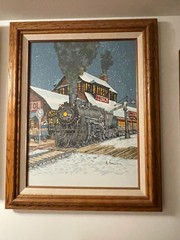 H Hargrove Steam Bristol Train Depot Framed Singed Oil Painting 16.5″ W x 20.25″