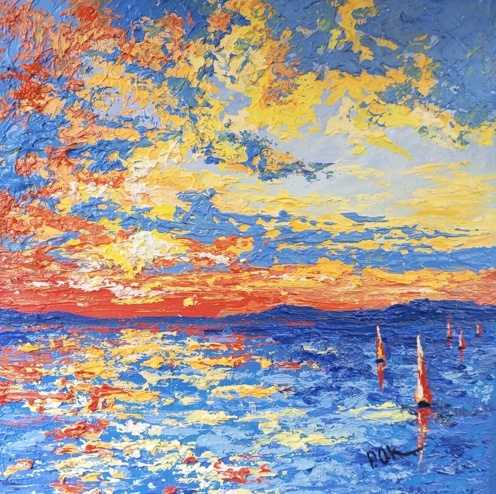 Original Artwork Sunset Seascape Oil Painting Sailboat, Decor textured Wall art