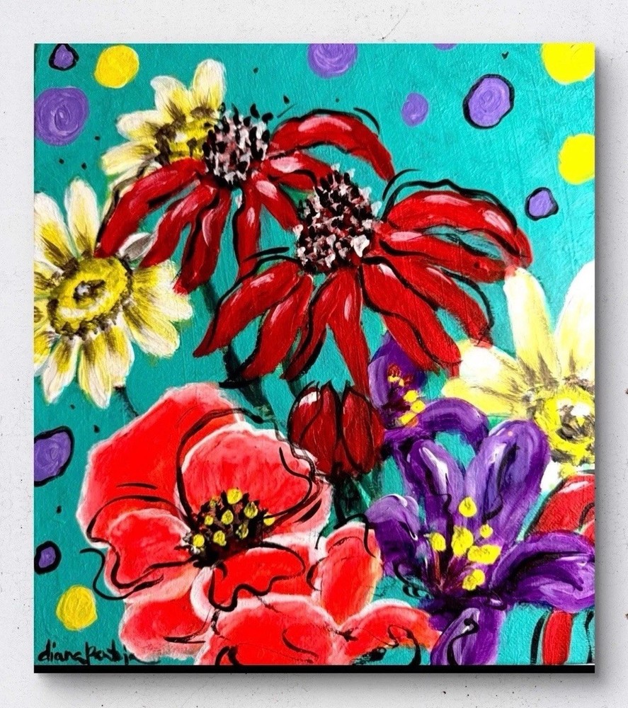 Vibrant Flowers Original Art 10×10 Canvas Acrylic Modern Modern Home Decor