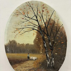 Elegant Landscape Oil Painting „Grazing Sheep“ Detailed Small Art