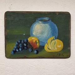 Vtg Original Painting Still Life on Wood Fruit Green Signed Art 10″ X 14″