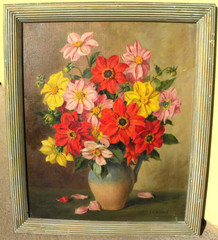 English 20th century floral still life painting by Leslie S G Harries c.1950