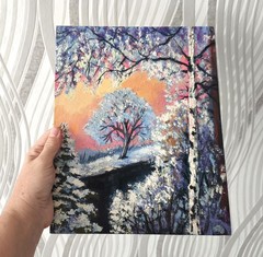 Landscape Oil Painting 30x24cm Snow Sunset Winter Scene on Canvas Board Art