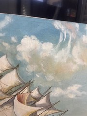 Large Vintage Oil Painting Sailing Ship in Rough Seas Signed Nautical