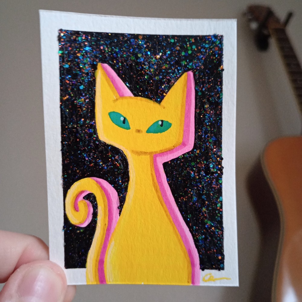 ACEO Original Painting Yellow Cat On Black Glitter Background Fantasy Caidart