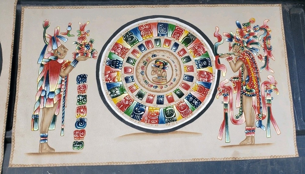 Mexico Mayan Pyrography Hand Painted On Leather Calendar- 16″ × 27″