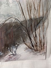 Watercolor beautiful landscape *First snow in the forest by the river*. nature,