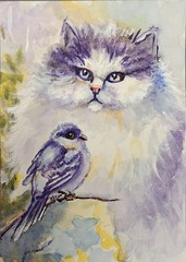 ACEO Original Painting OOAK – Cat And Bird – Cat – Bartshe