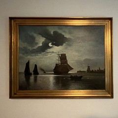 U. Schaaf Framed Signed Canvas Painting Moonlit Harbor Ships Seascape Art