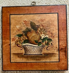 Oil Painting on Old Wood Folk Art Fruit Basket 15 1/4”sq Signed Janet Price 1976