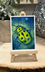 Original ACEO Gouache Painting Metallic Green Blue Jewel Beetle Mini Art OOAK