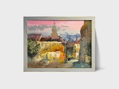 Oil painting Lviv market square Ukrainian painter fiberboard original cityscape