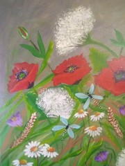 Painting Red Poppy Field of Flowers Dragonfly 16 x 20 Canvas Daisies Original
