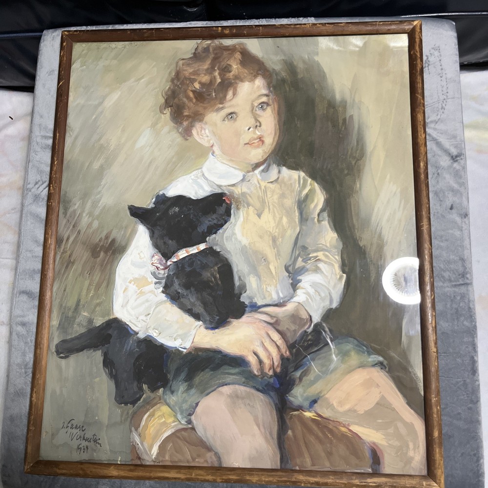 Vintage 1934 Oil painting On Board 21×25” Boy Child With Dog Signed Art Framed