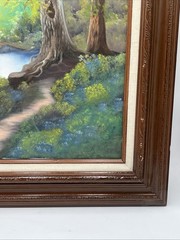 VTG FRAMED OIL ON CANVAS PAINTING Wooded Countryside River Scene Bob Ross Style