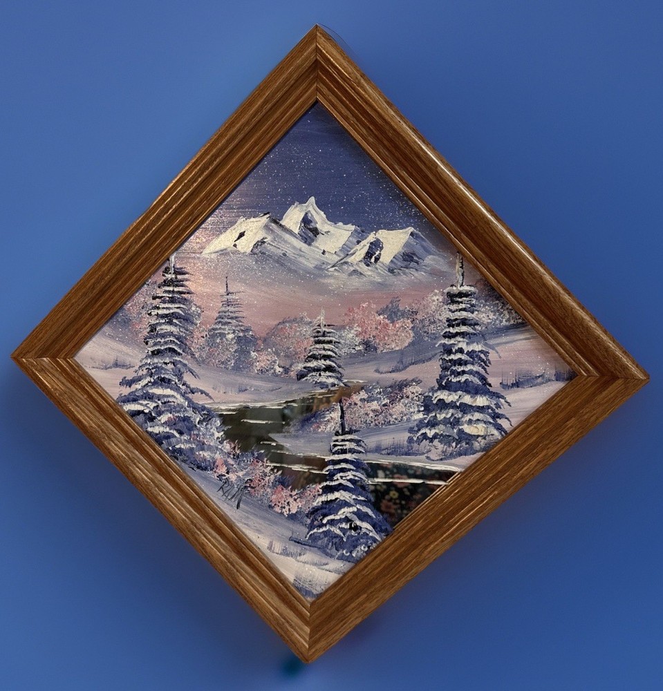 Hand Painted By RAM Beautiful Winter Scene on Mirror Diagonal Ready to Hang