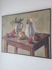 Vintage 1960’s Moody Still Life Oil Painting Apples & Pears on a Farmhouse Table