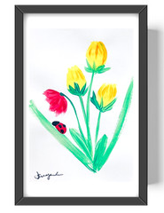 Guajardo Art Bouquet of Flowers and Ladybug 9X6 Paper Unique Neo Expressionism
