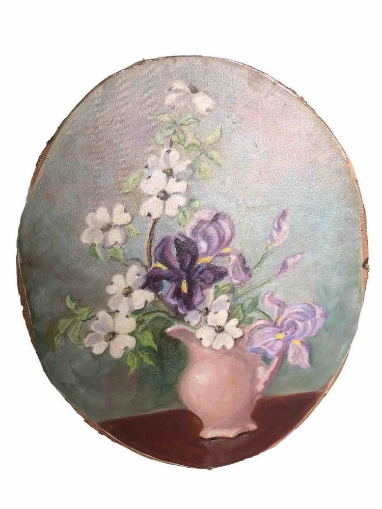 Vintage Floral Painting Flowers In Victorian Pitcher Vase, Oval 13.5 X 16.5”