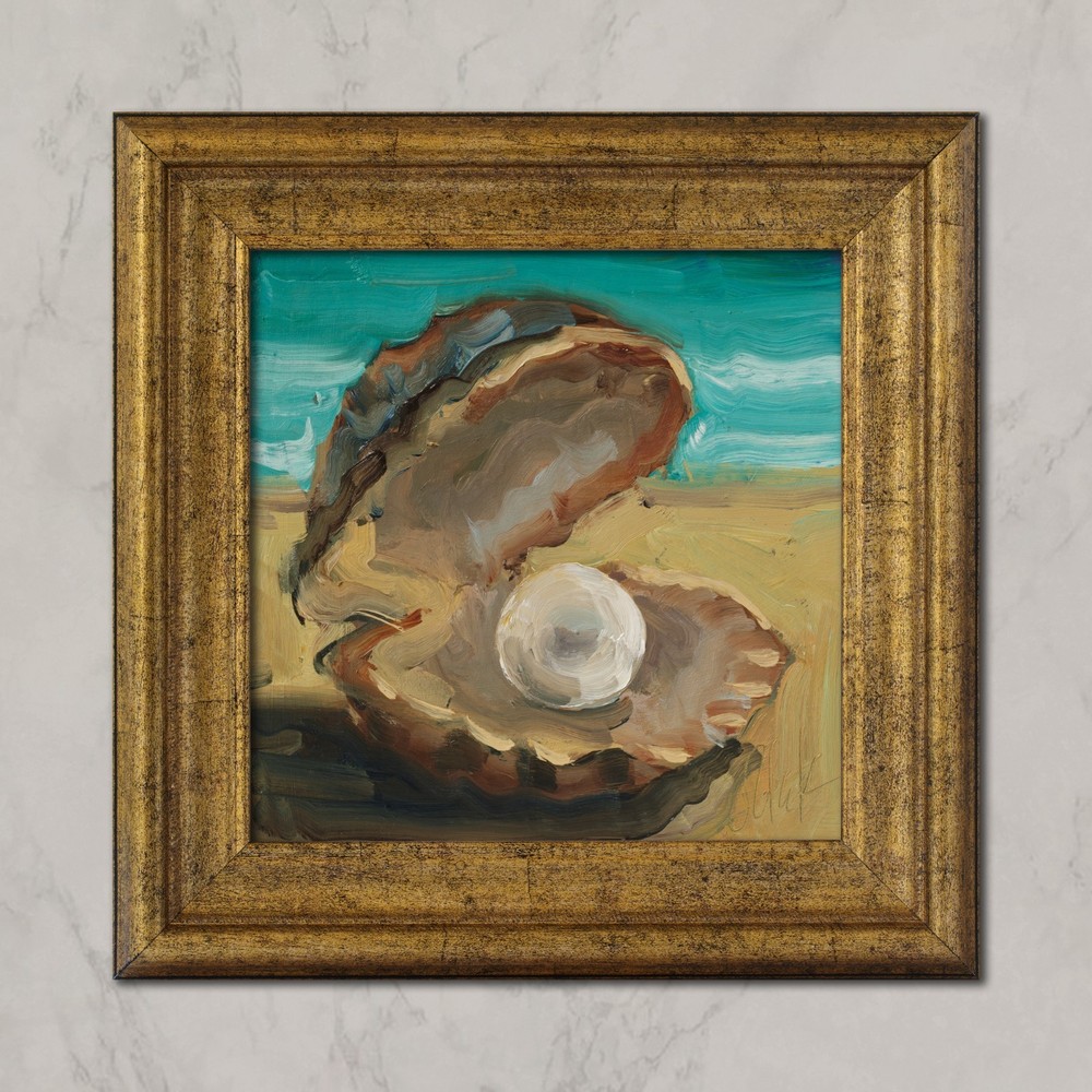 Seashell Pearl Oil Painting Framed Oyster Original Wall Art Beach House Decor