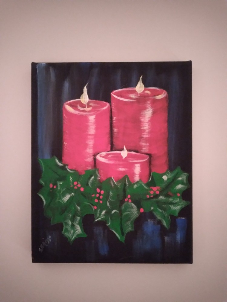 Christmas Red Candles W/Holly Berry Acrylic On Canvas Painting Signed Art 8×10