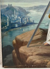 Lorenz Clasen Oil Painting German Woman Warrior Rhine River Coat Of Arms 19th C.