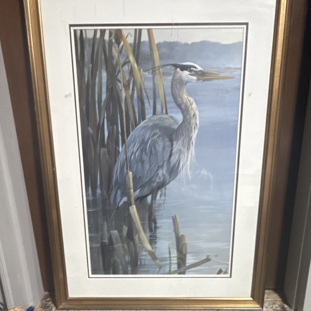 Framed Realism Heron Wetlands Oil Painting on Canvas Nature Animals Medium