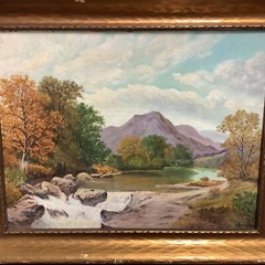 Landscape Oil Painting On Board American West Western Mountains River Boulders