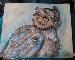 MID CENTURY GREAT HORNED SNOW OWL EMBELLISHED SERIGRAPH / CANVAS SIGNED PAINTING