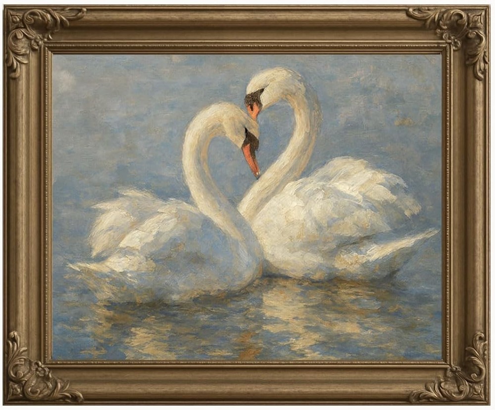 Swan Couple Wall Art � Romantic White Swan Print � Vintage Impressionist Oil