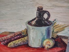 Geraldine Collier Signed Original Still Life Painting Corn Onion Bottle on Board