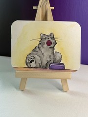 ACEO Original Painting Cat Hungry Fluffy Whiskers Soft Art By ShortbusExpress