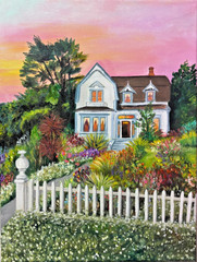 Original Painting, House Landscape Art, Sunset Garden, Acrylic on 11x14in Canvas