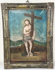 Antique Spanish Colonial Oil Painting Christ & Devil Tin Frame 19th C. Mexican