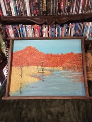 Rustic vintage lake marsh and bald eagle painting reclaimed wood frame,large.
