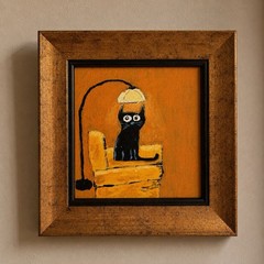 Black Cat Reading Nook – Original Mini Cat Painting in Vintage Style Framee