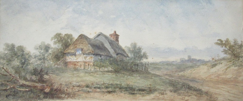 Antique 1894 signed watercolor painting landscape thatched cottage FWG 11×23″