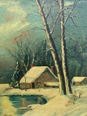 Antique Oil painting Board Winterscape Night Lake 19×22” Homestead Emma Kinsey