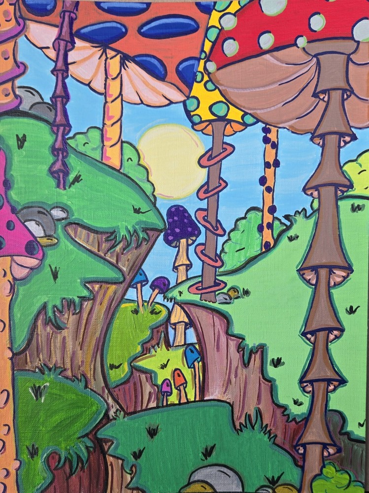 Mushroom Dreamscape Original 9×12 Painting Fantasy Landscape Whimsical Art