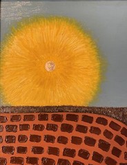 Signed J. D. Sine 1993 Oil On Canvas Outsider Art Of A Sun 26” X 22” X 1 1/2”