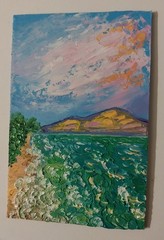 Framed Seascape Green Sea Seacoast Sunset Sky 4×6” Impasto Oil Painting Original