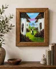 Original Hand Painted Ceramic Tile Art Village Landscape Signed Dated 2000